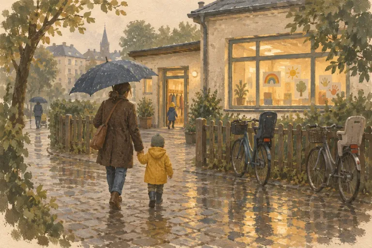 Mira and Lev walking home from the Kita in the rain: her story, painted in gouache.